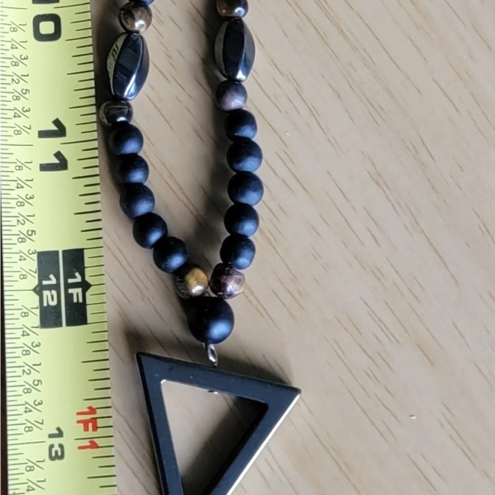 Black and Gold Hermatite and Lava Beaded Necklace with Triangle Pendant - Picture 6 of 7